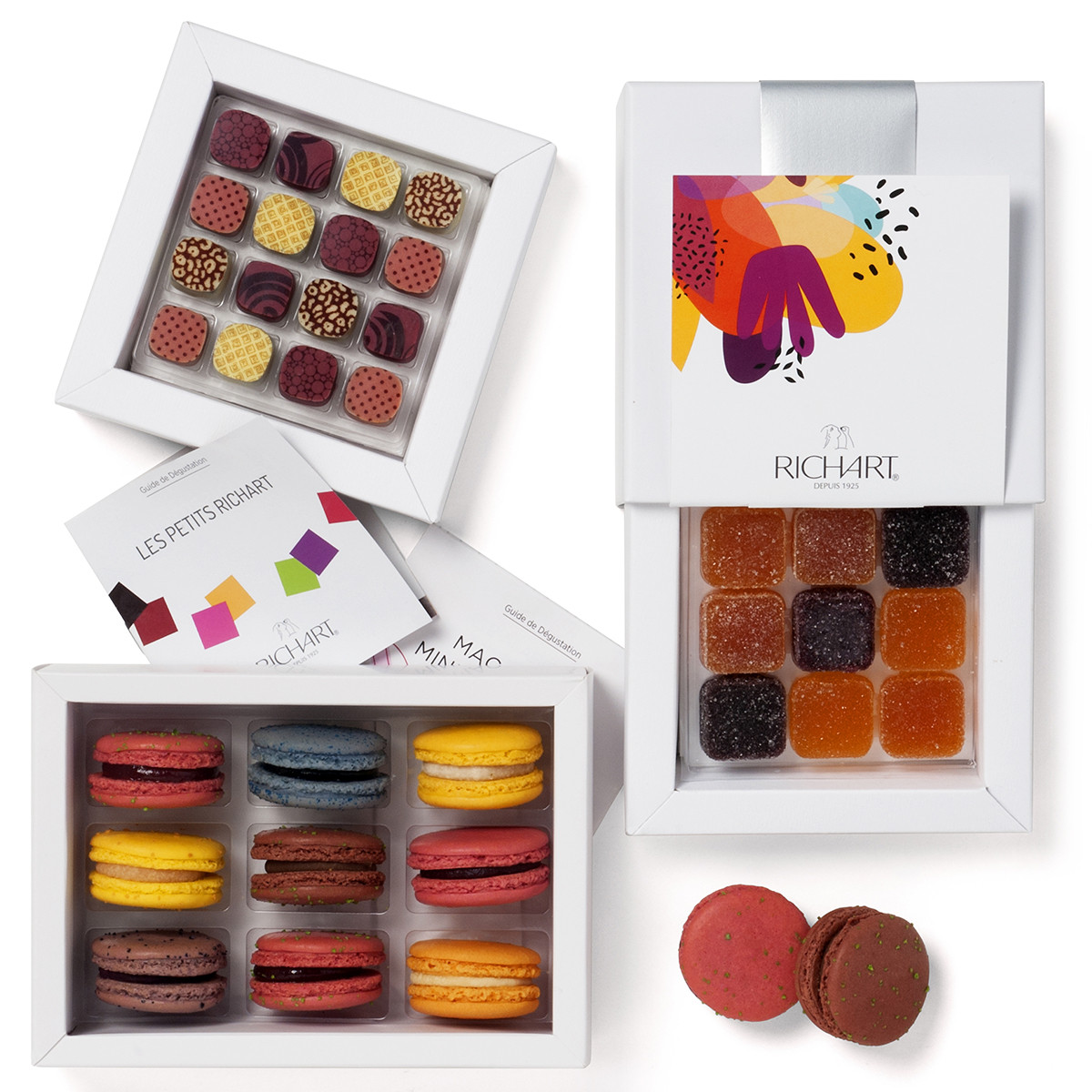 Abanico de sabores frutales - Cesta surtido de bombones y macarons 