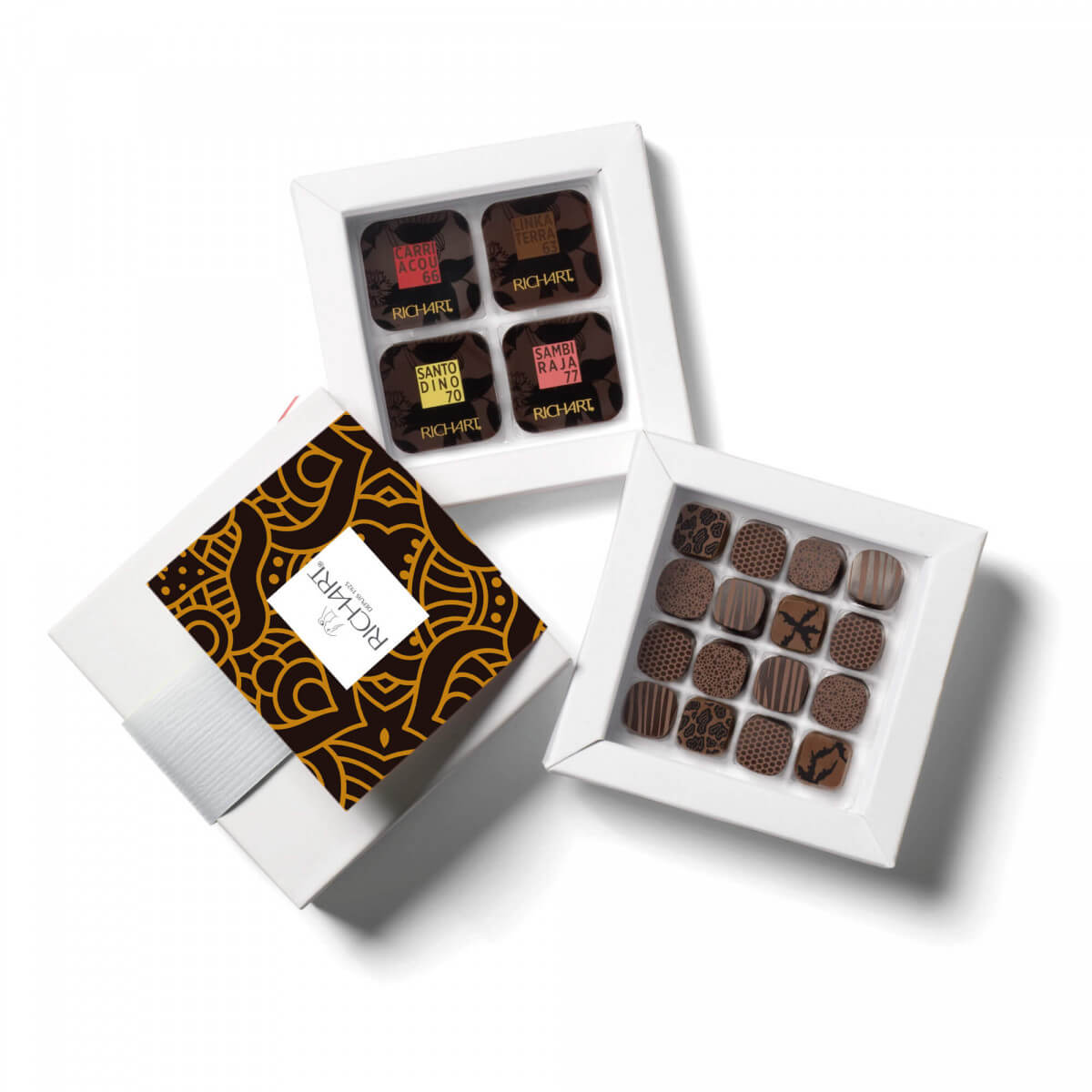 Quetzacoatl - Confezione 16 cioccolatini con ganache e 16 quadrotti di cioccolato fondente 