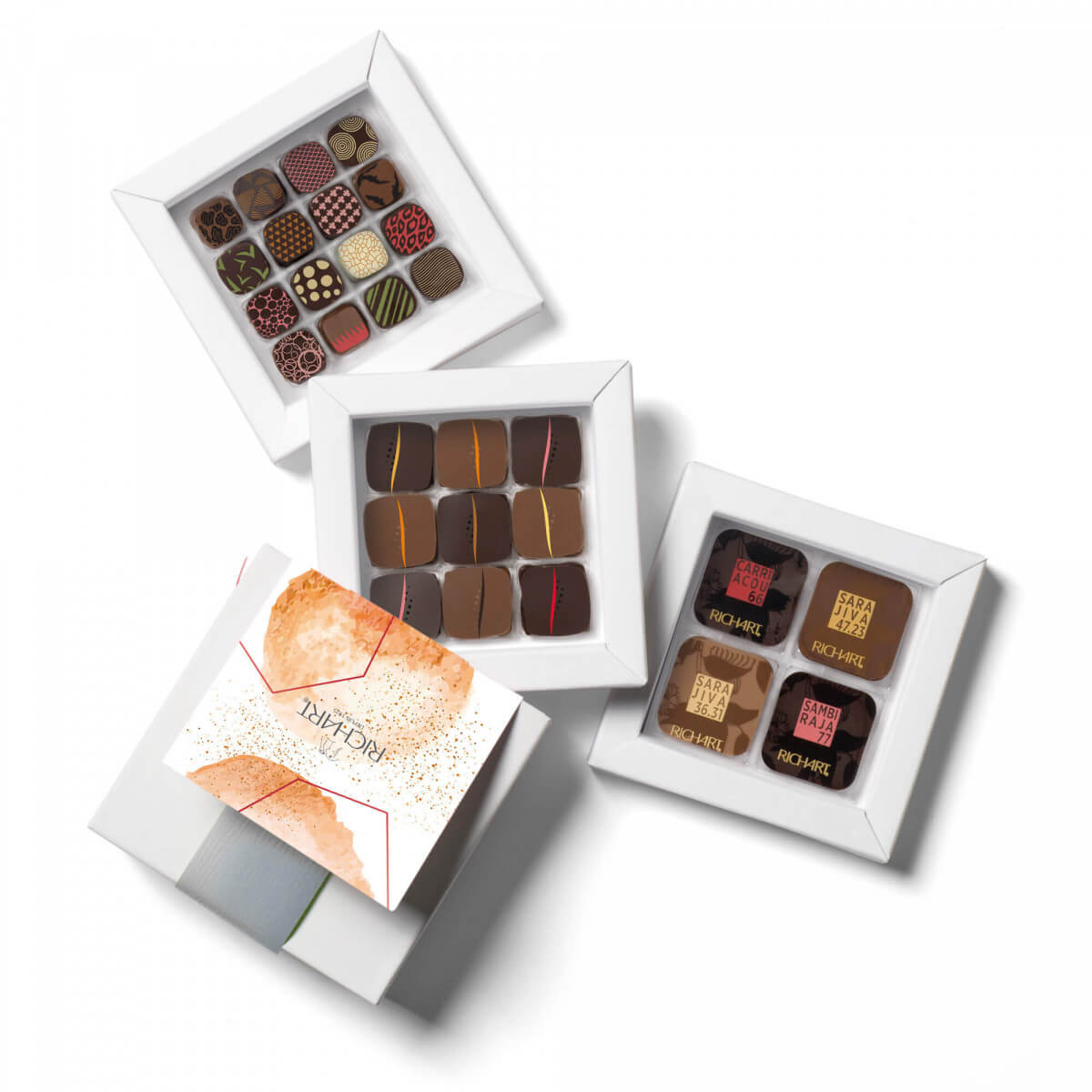 Scoperta - scatola 25 cioccolatini ripieni e 16 quadrotti di cioccolato fondente e al latte 