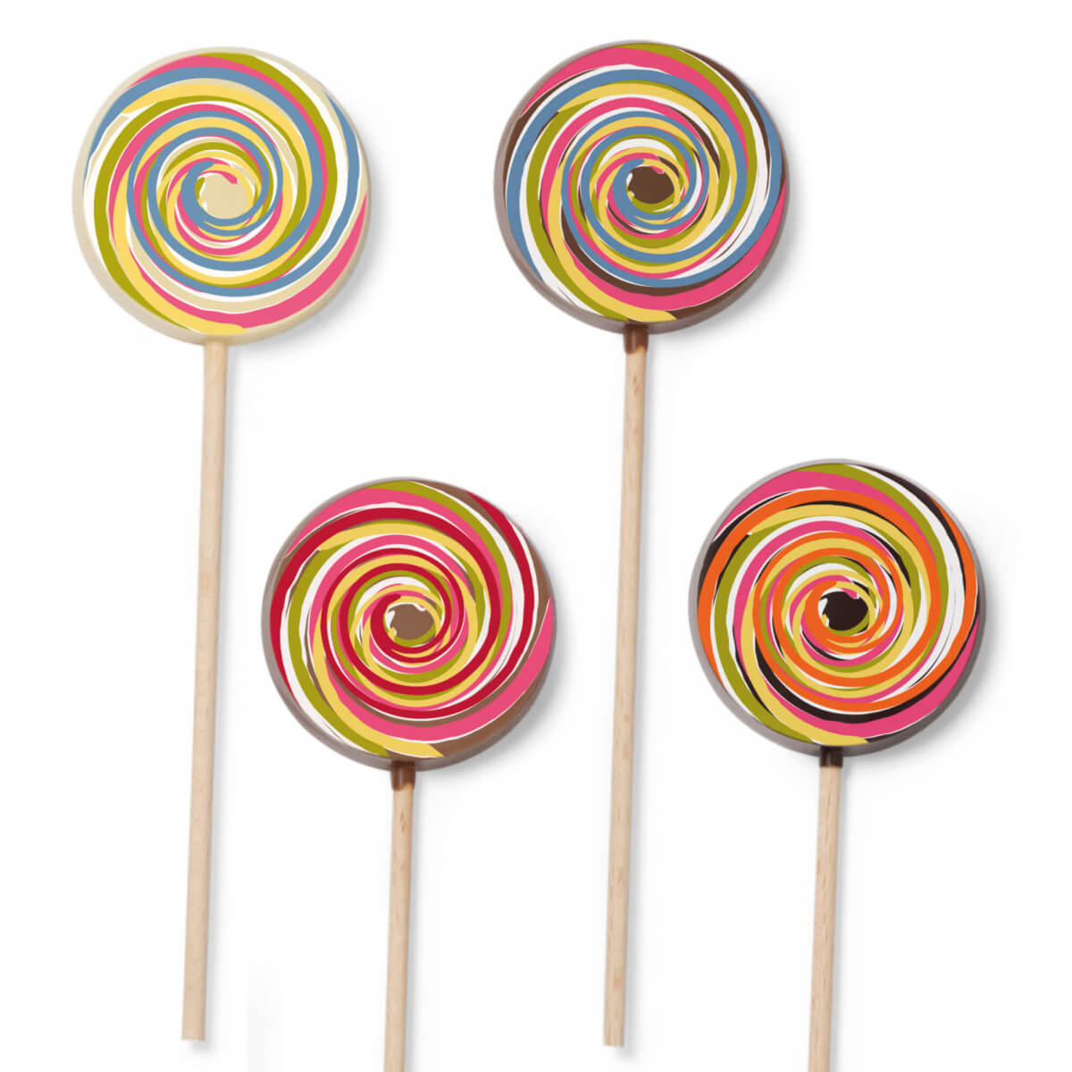 Assortimento di 4 lecca-lecca al cioccolato fondente, al latte e al caramello